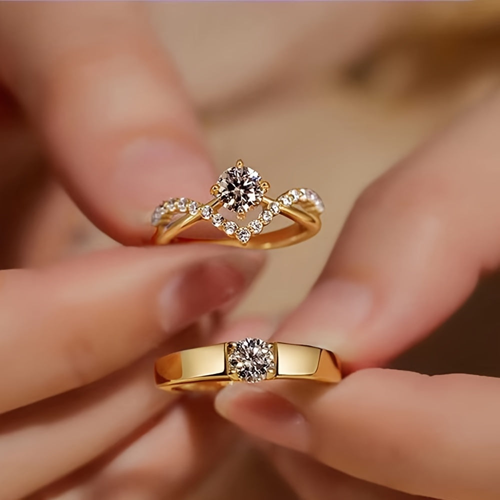 Elegant 2pcs Cubic Zirconia Wedding Ring Set - Adjustable Open Design, Sparkling Silvery And Golden Engagement Rings, Perfect for Couples, Ideal for Everyday Wear Or Parties.