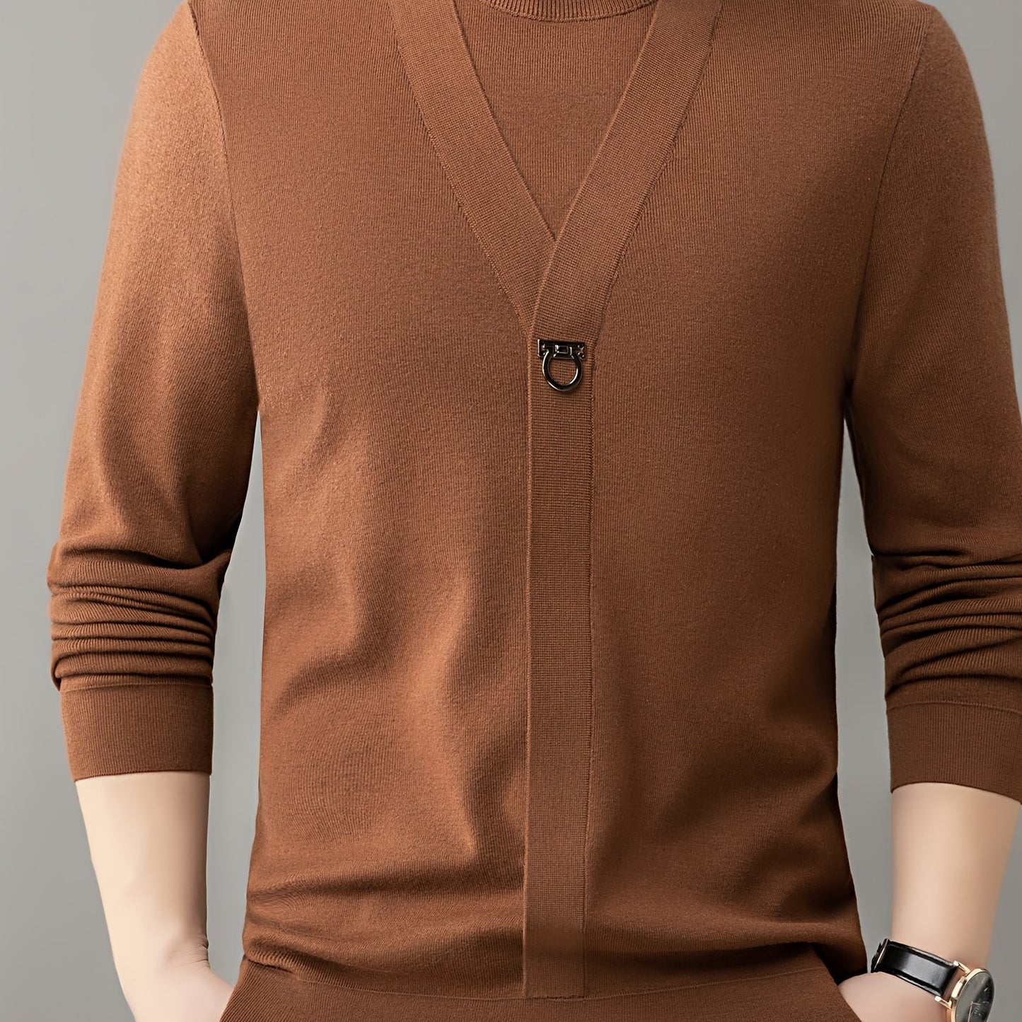 New Autumn And Winter Men'S Fashion: a Round-Neck Long-Sleeve Sweater That Looks Like a Two-Piece, Suitable for Business Casual Wear, Featuring a Faux Placket Design, Knit