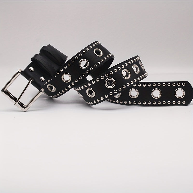 Ceinture punk cloutée à œillets – Ceinture PU noire style hip-hop, tendance pour jeans et pantalons, pour femmes et hommes