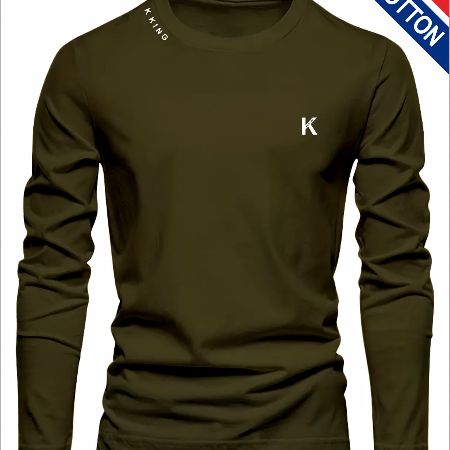 Men's pure cotton long sleeved T-shirt with letter print, casual round neck, breathable sports top, comfortable regular style, fashionable, ideal gift for outdoor activities, regular sleeve length, suitable for all seasons