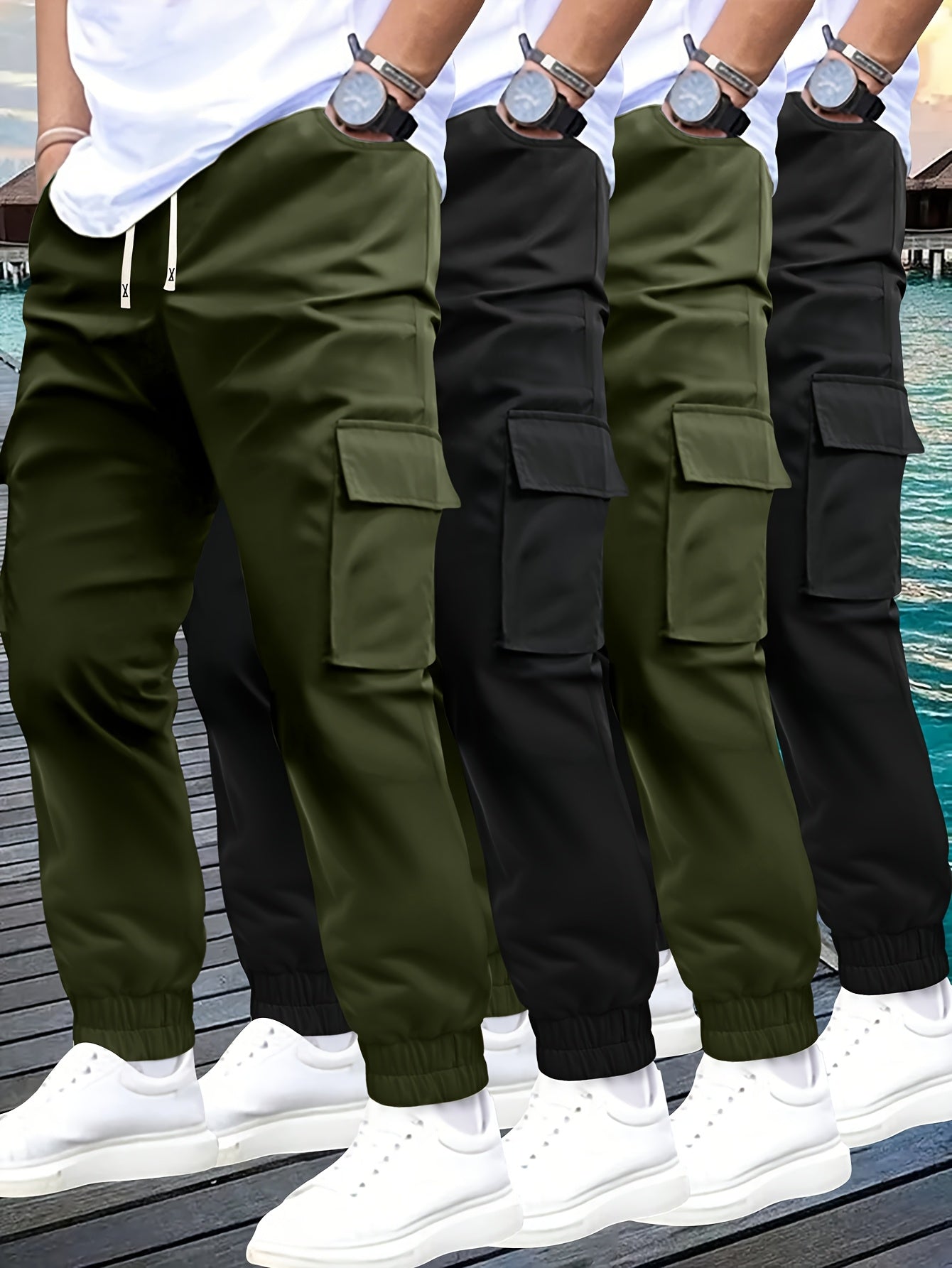 4pcs Pantalons Cargo Homme – Cordon Ajustable, Multipoches, Confort, Tout Saison