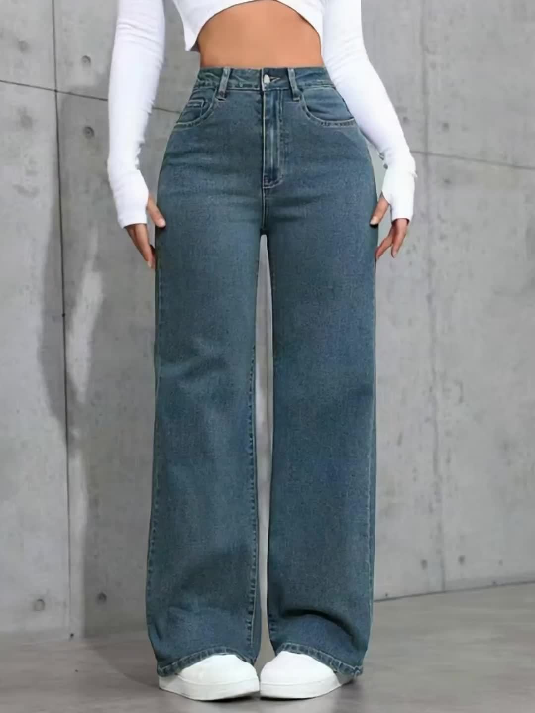 Pantalon Femme Taille Haute Bleu Jambe Droite Extensible Poches Confortable Style Décontracté 2025 Denim Rétro Résistant Slim Streetwear