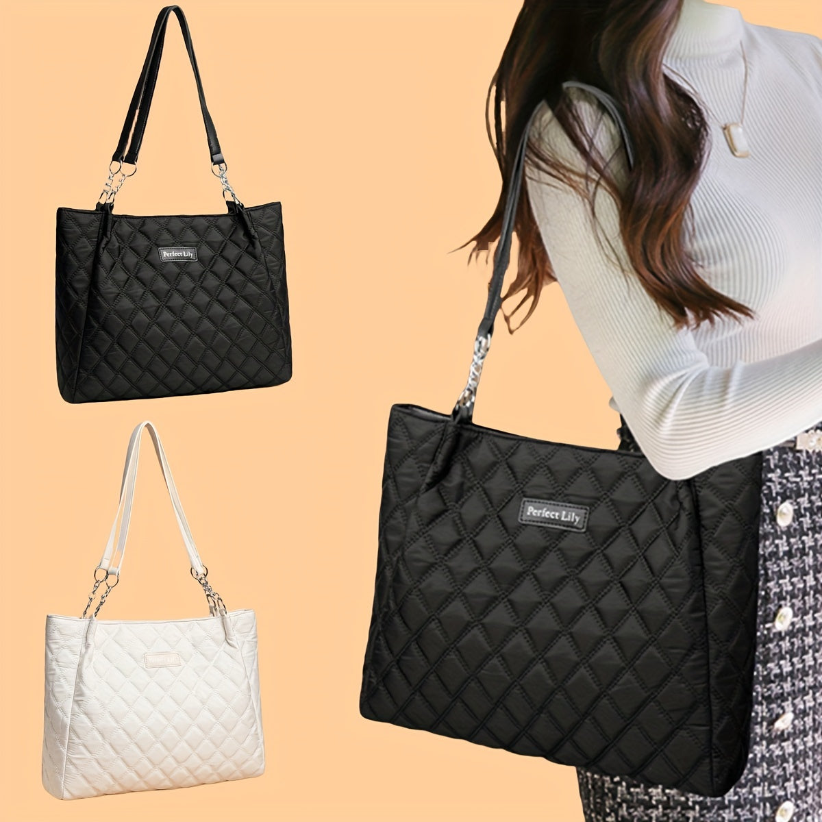Sac fourre-tout élégant pour femmes – grande capacité, motif losange, nylon résistant, fermeture éclair, bandoulière fixe, idéal travail, voyage ou shopping