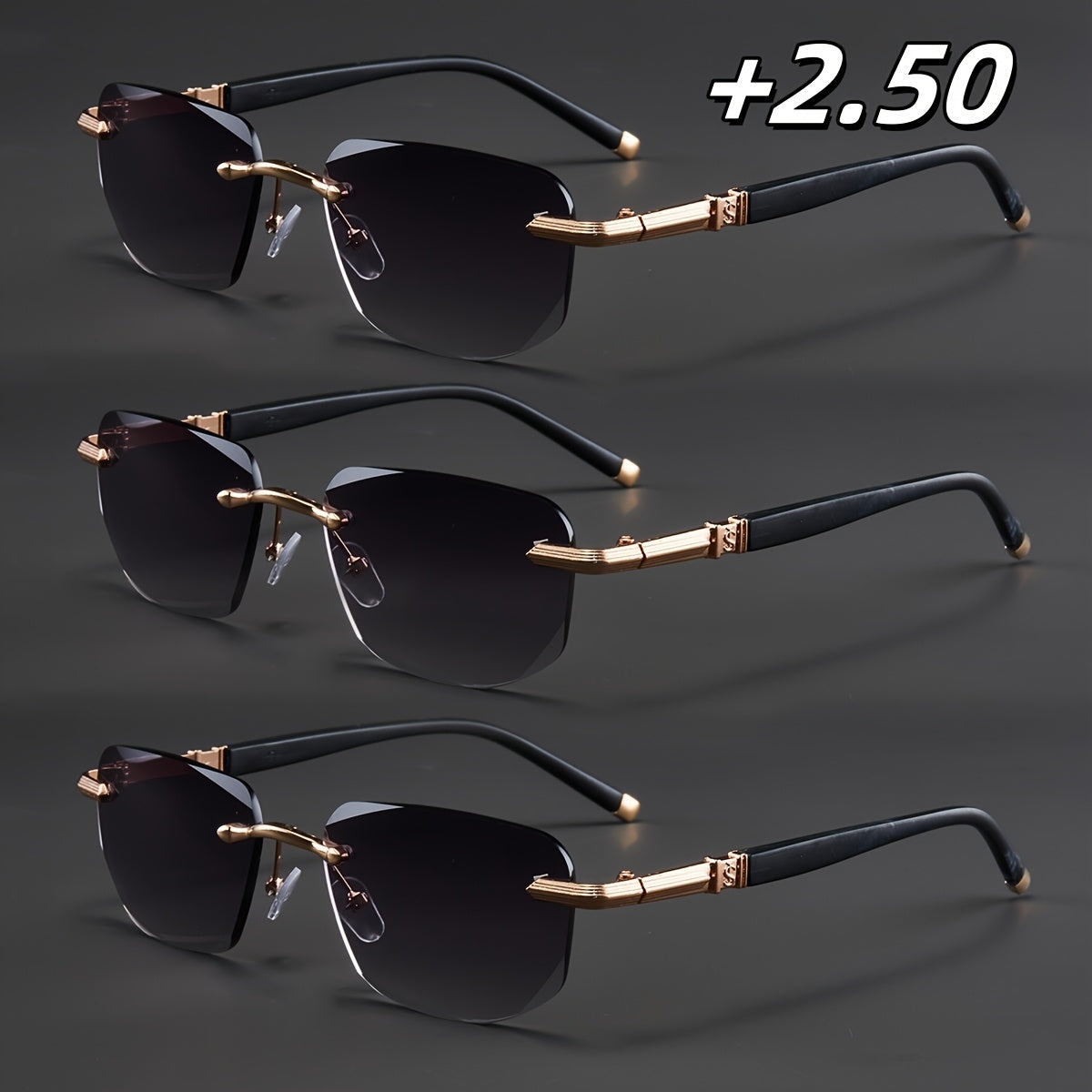 3-Pack, Stylish Men's Frameless Reading Glasses, Elegant Metal Frame, Options: 100, 150, 200, 250, 300, 350, 400 Degrees,christmas Gifts
