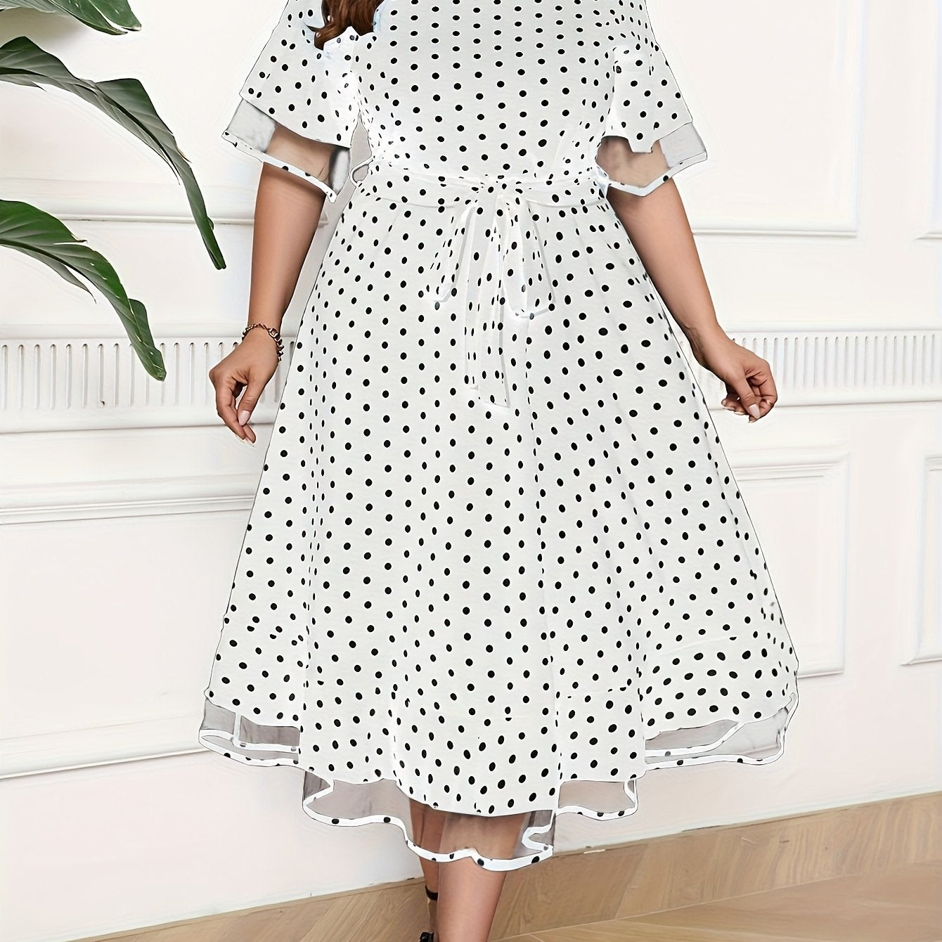 Robe Été Femme Grande Taille – Élégante, Imprimé à Pois, Col Rond, Dos à Nouer, Manches Courtes, Jupe