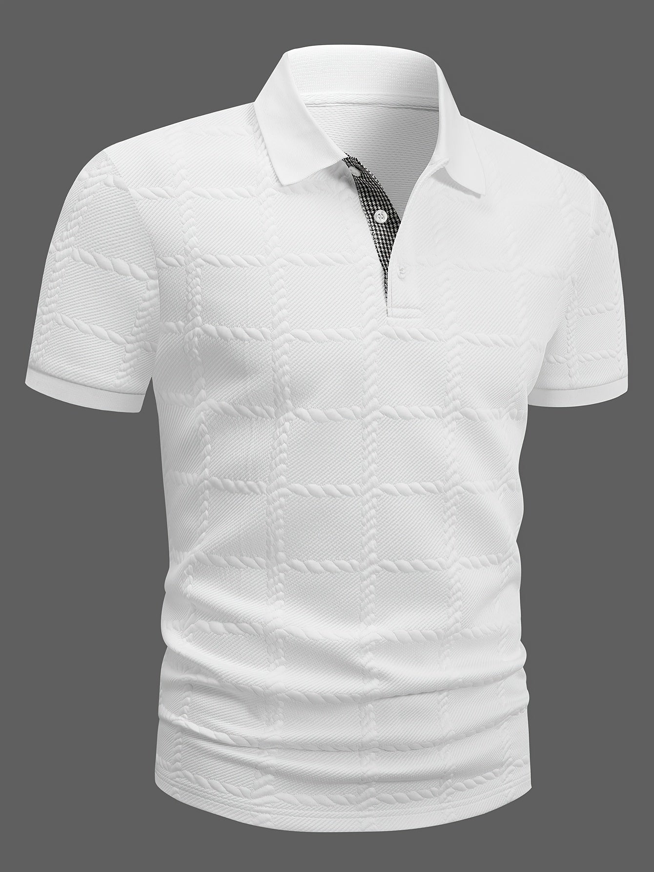 Men's Short Sleeve Shirt with Geometric Jacquard Textured Check Pattern, Classic Solid Color Flat Knit Ribbed Collar and Cuffs, Houndstooth Patch Design on Placket, Golf Casual Wear, Everyday Workwear, Outdoor Casual Clothing