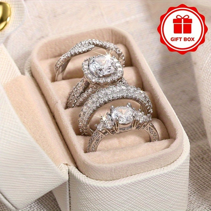 4pcs Women'S Zirconia Stone Ring, The Overall Material Is Alloy, Women'S Ring Set,Very Shiny, Suitable for Wedding Wear, Attendance Event Collocation, Daily Fashion Commuting, Banquet Accessories