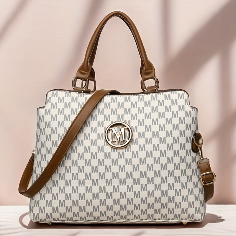 Sac rétro Pied-de-poule femmes blanc et marron logo doré M bandoulière réglable élégant