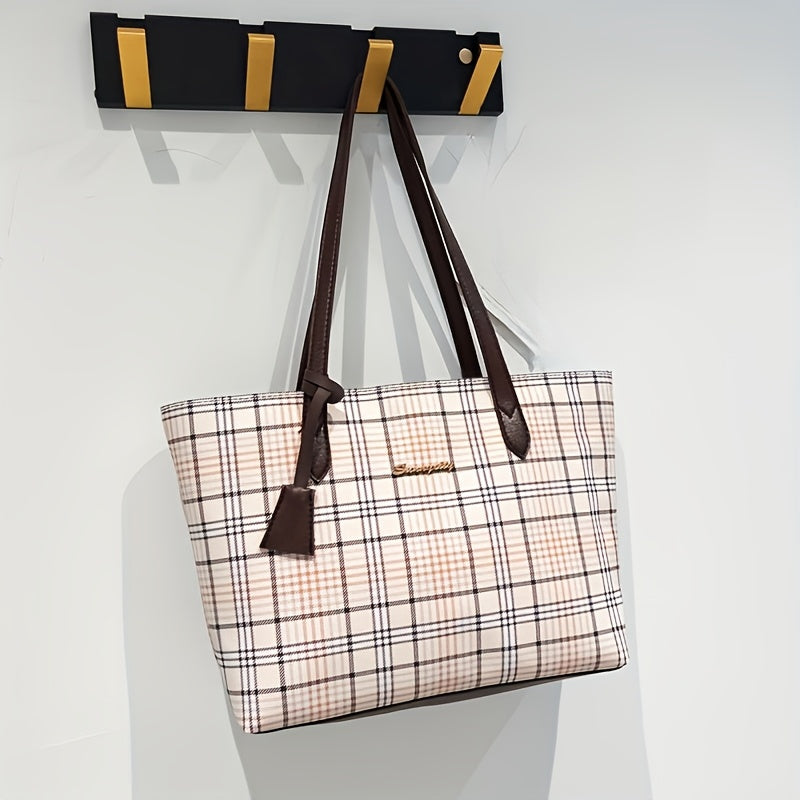 Sac fourre-tout à carreaux pour femmes – grande capacité, léger en PVC, porte-cartes intégré, style professionnel polyvalent, bandoulière, idéal pour courses et usage quotidien