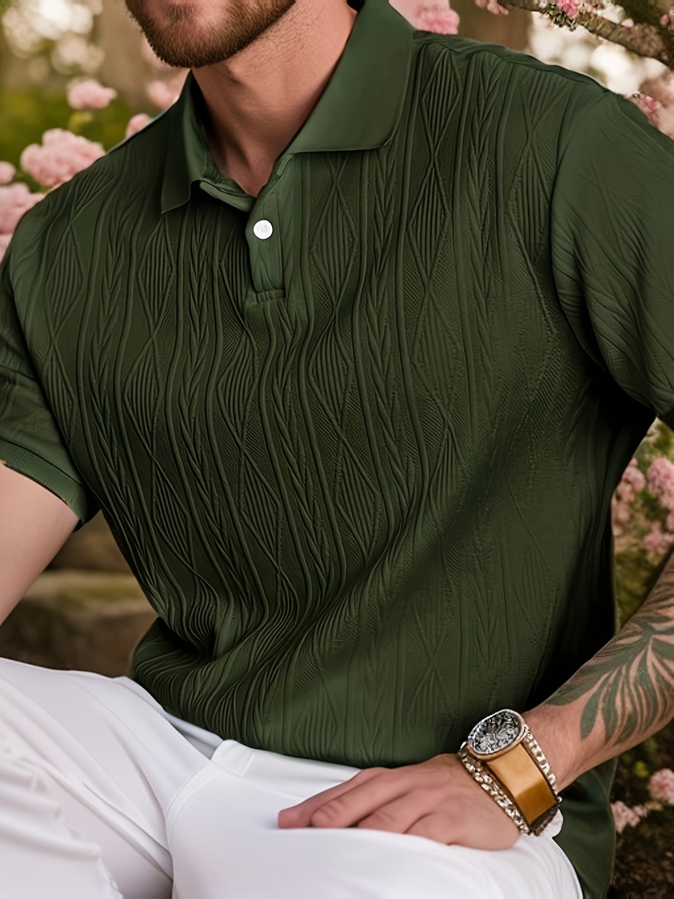 Men'S Casual Black Textured Polo Shirt with "LOVE" Design - Perfect Valentine'S Day Gift for Boyfriend or Husband, Casual Summer Top|Textured Pattern Shirt|Polyester Knit Fabric