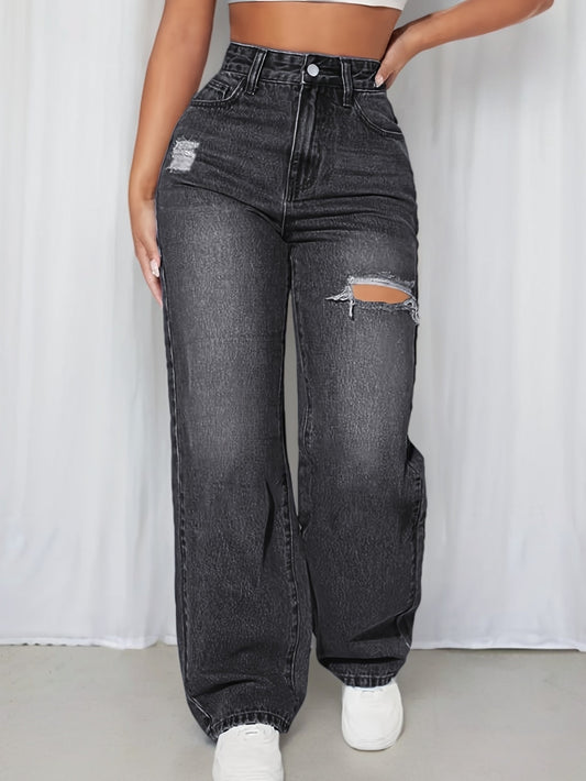 Jeans Femme Taille Haute Jambe Droite Effet Déchiré Extensible Confort Bleu Foncé Décontracté Lavable