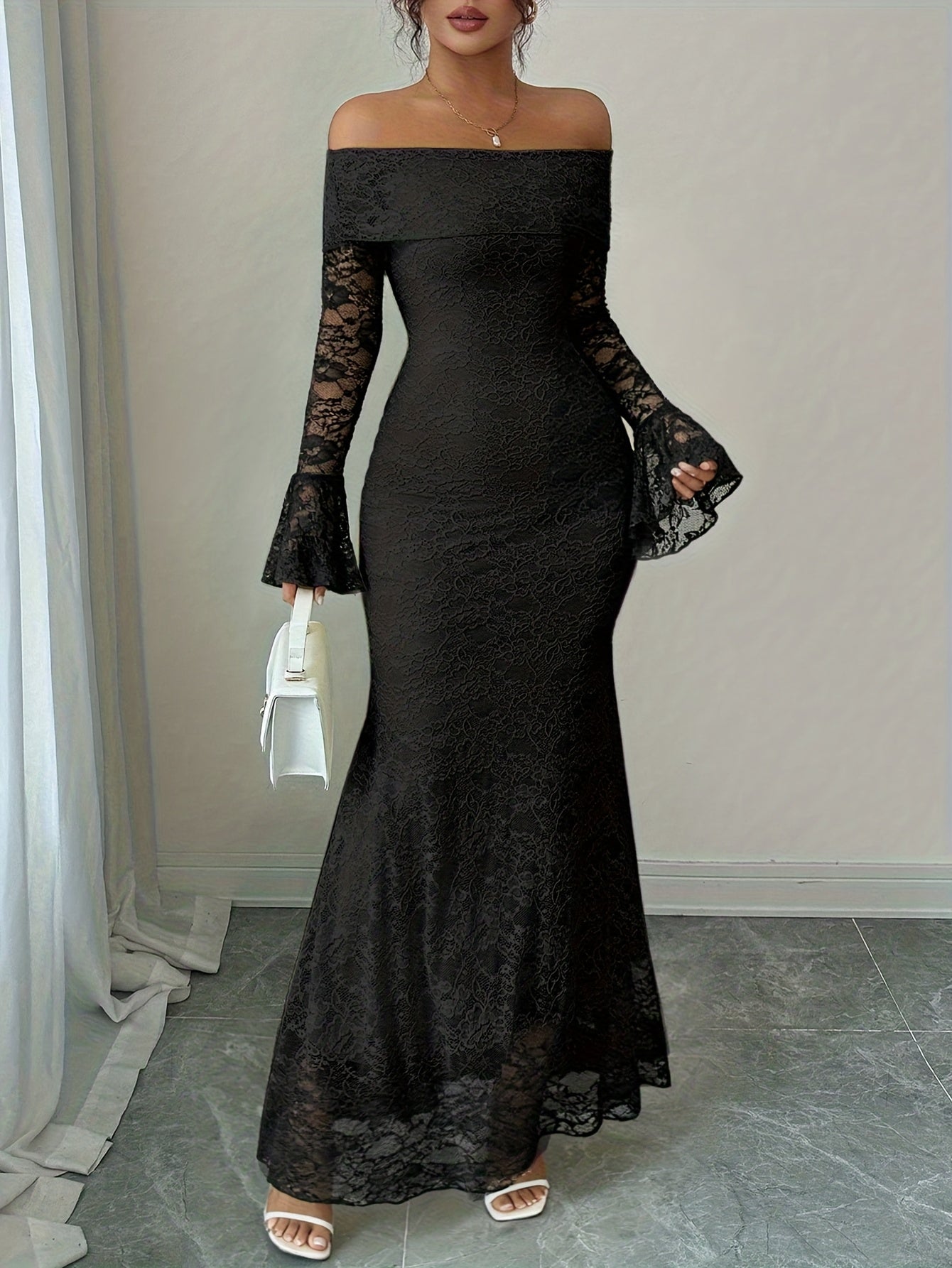 Elegant Off the Shoulder Long Dress with Contrast Lace Details | Women'S Sexy Bell Sleeves and Pendulum Style, Solid Color, Suitable for All Seasons