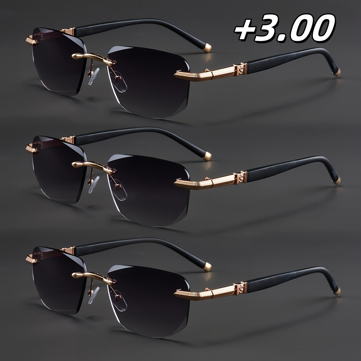 3-Pack, Stylish Men's Frameless Reading Glasses, Elegant Metal Frame, Options: 100, 150, 200, 250, 300, 350, 400 Degrees,christmas Gifts