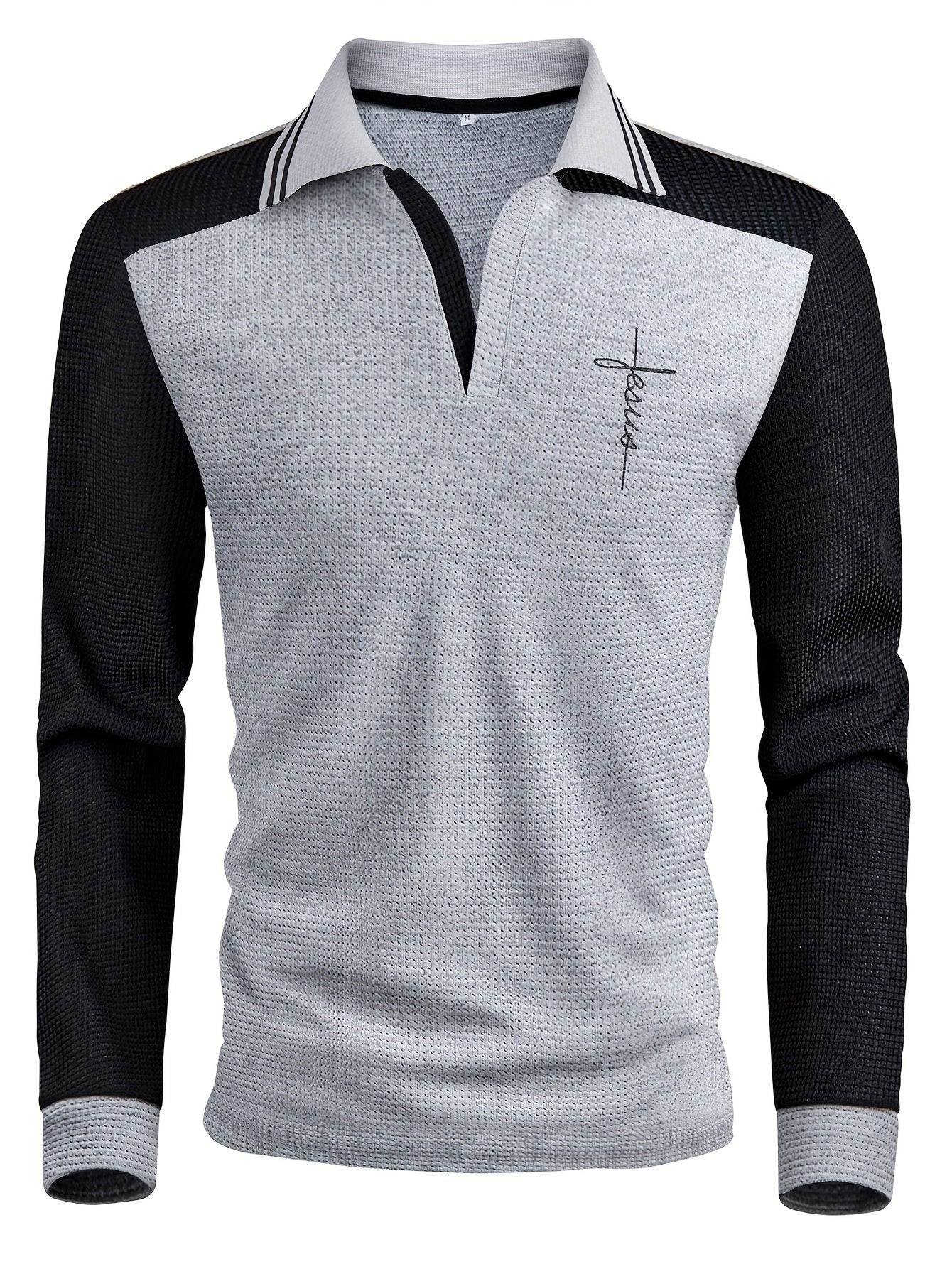 Men'S Waffle Knit V-Neck Long Sleeve Polo Shirt with Contrast Trim, Letter Print, and Chest Emblem - Casual Fall Outdoor Wear, Regular Fit, Pullover Style, Casual Wear|Vneck Shirt|Waffle Knit Texture