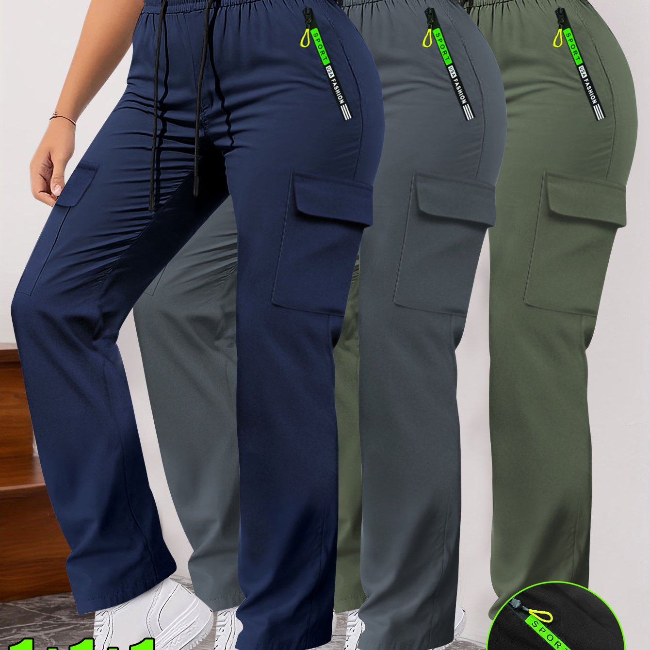 Lot de 3 Pantalons Femme– Poches Zippées et Cargo, Robustes, Sans Extensibilité, Printemps/Automne