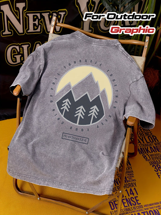 PRIVATHINKER Heavyweight 230GSM Vintage Washed T-Shirt - Men's & Unisex Oversized Streetwear Tee with Mountain Graphic - Beige/Black/White/Gray/ - Machine Washable for Everyday & Outdoor Wear