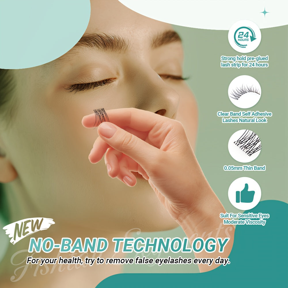 Extensions de Cils– 60 Clusters Auto-Adhésifs, Bandes Transparentes, Segments Fishtail, Style Anime Naturel et Doux, Pas de Colle Nécessaire, Cils Pré-Collés, Curl C, Look Fluffy, Idéal Débutants