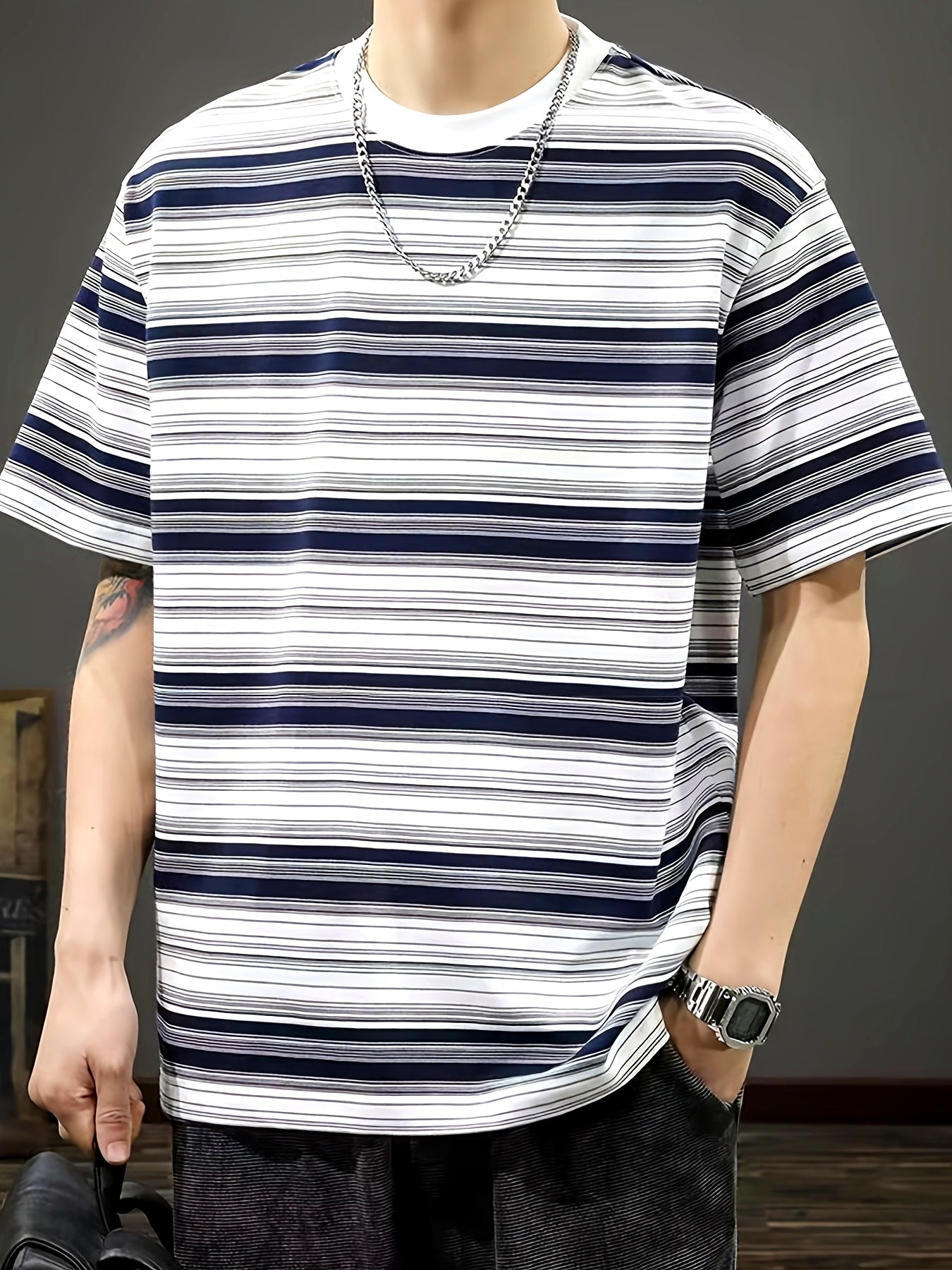 Men'S Summer Casual Striped T-Shirt, Crew Neck, Loose Fit, Polyester 95% Spandex 5%, Medium Stretch Knit Fabric, 180gsm - Fashionable Tee for Men