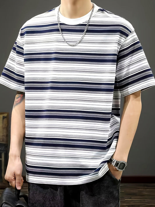 Men'S Summer Casual Striped T-Shirt, Crew Neck, Loose Fit, Polyester 95% Spandex 5%, Medium Stretch Knit Fabric, 180gsm - Fashionable Tee for Men
