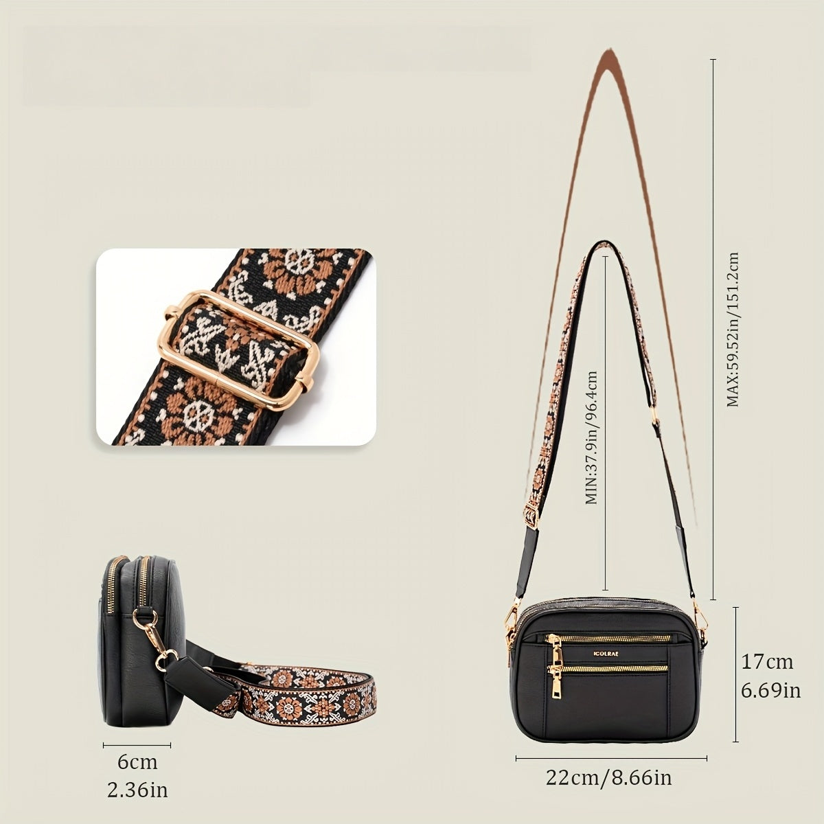 Sac bandoulière en PU grande capacité – plusieurs poches, fermeture zippée, idéal pour trajets et voyage, disponible en noir/blanc