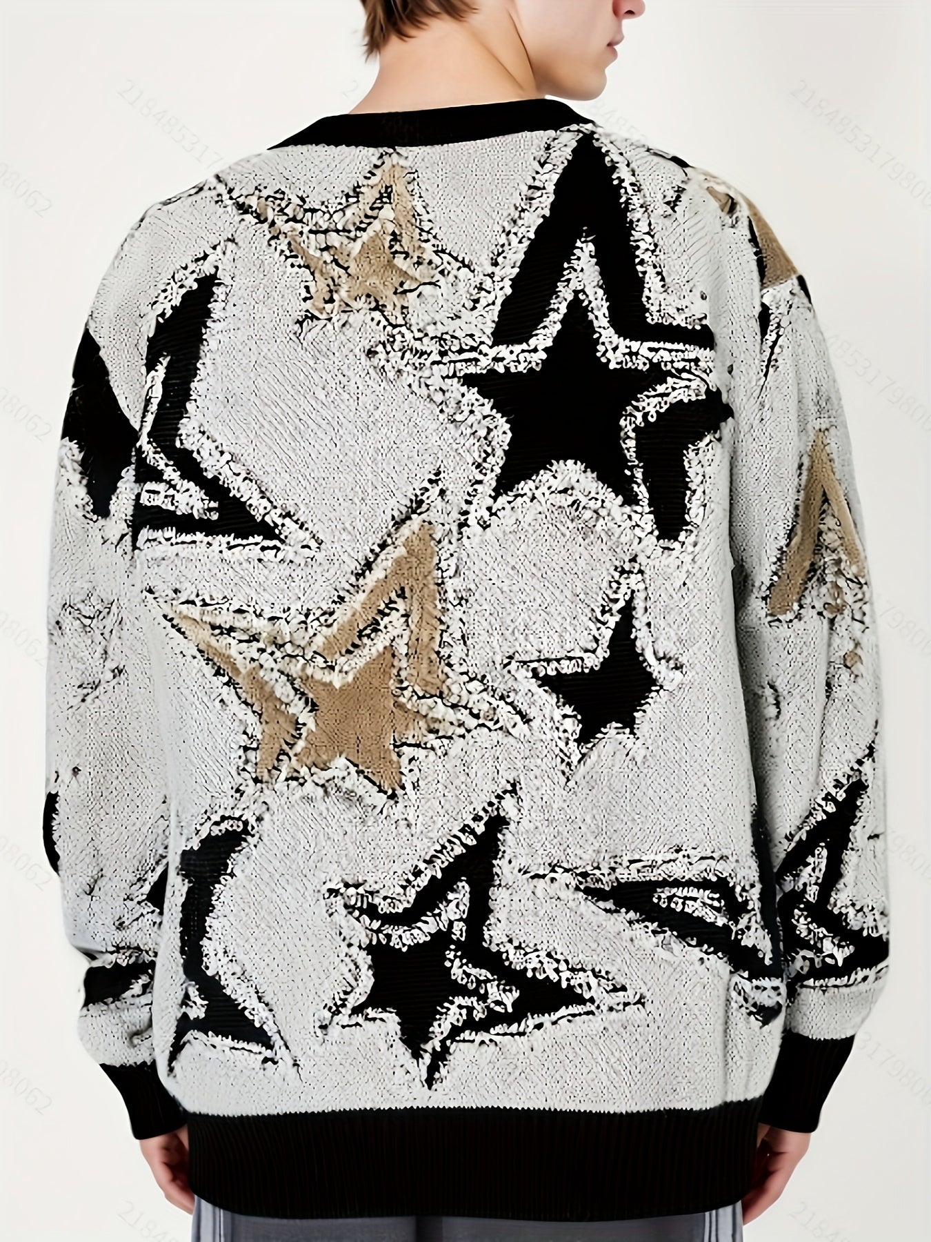 Men's Casual Sport Sweater, Knitted Pullover with Star Pattern, Plush Texture, Loose Fit for Trendy Street Style Outfits, Suitable for Daily Wear Casual Occasions