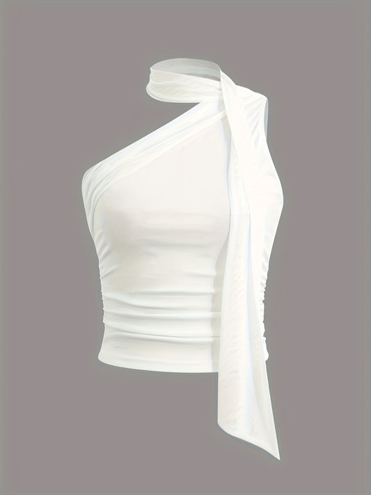 Top femme sexy asymétrique/une épaule – taille réglable à cordon, crop top ajusté, parfait pour fêtes, sorties ou tenue décontractée, non transparent, blouse d’été facile d’entretien, essentiel chic