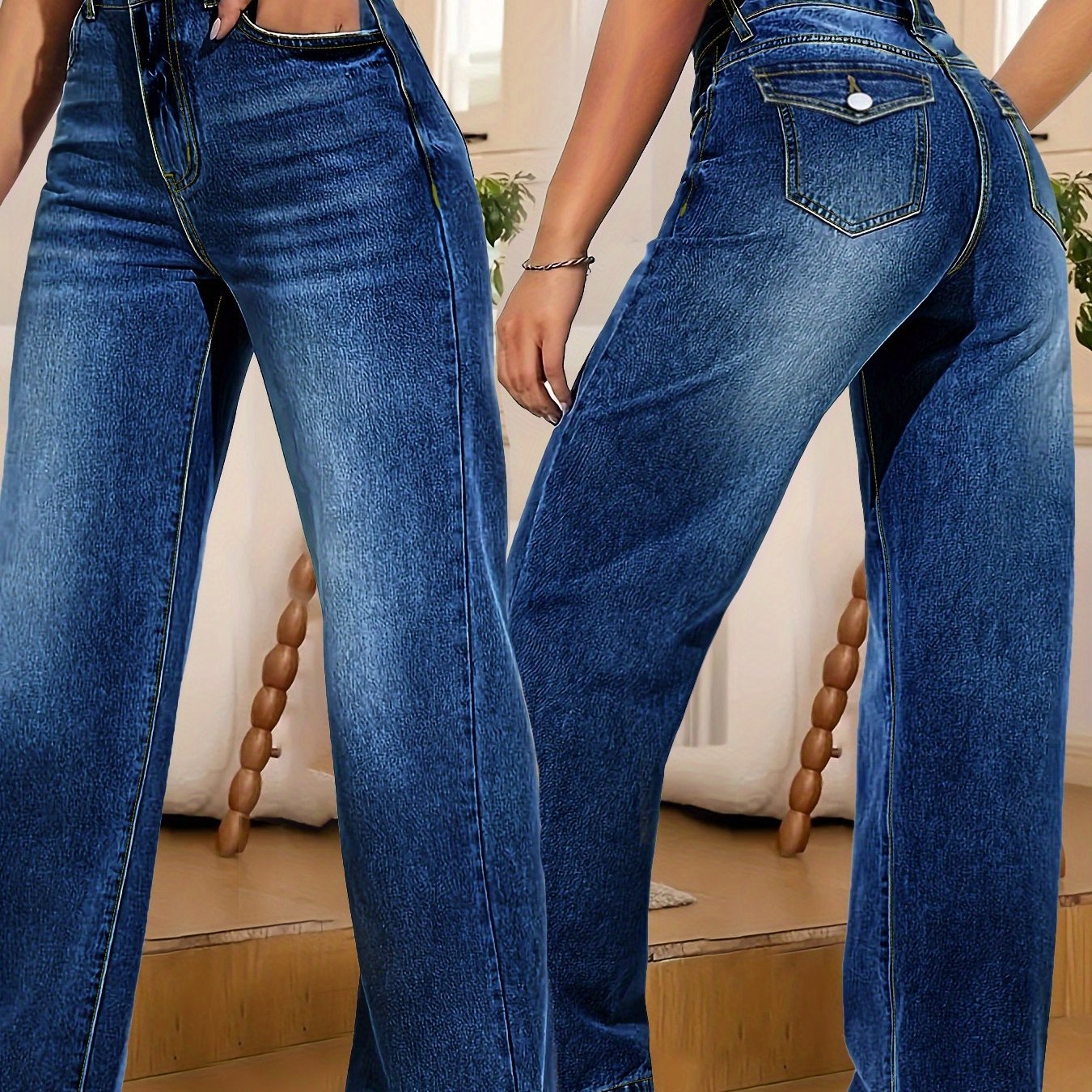 Jeans Femme Taille Haute Jambe Droite Extensible Élégant Double Boutons Toute Saison Longue Décontracté et Formel Slim Lavable