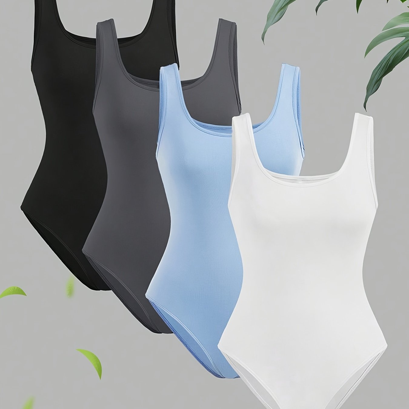 Lot de 4 bodys unis pour femme, style débardeur sans manches. Design simple et décontracté, parfait pour le printemps et l’été