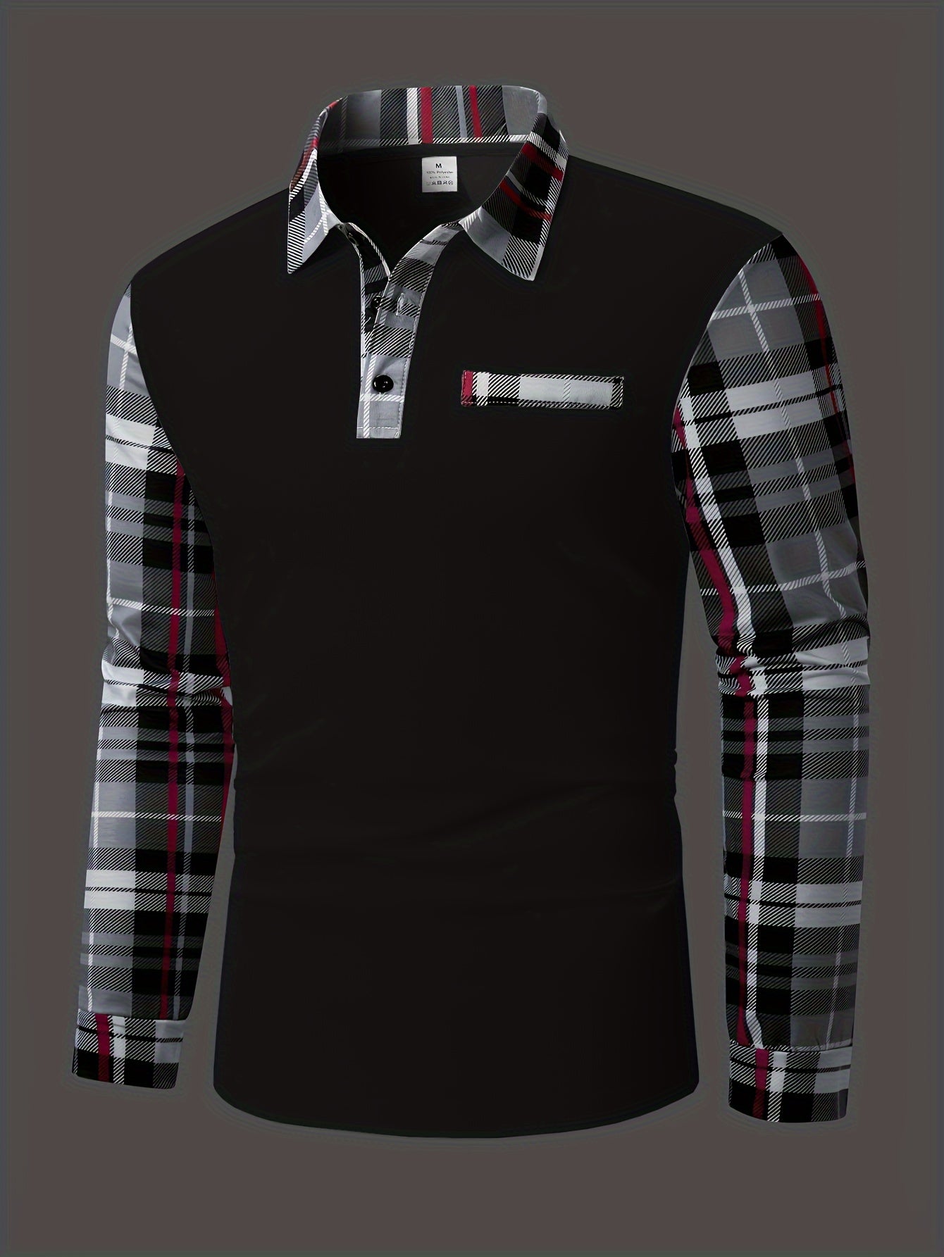 Men's Casual Plaid Long Sleeve Shirt with Chest Patch - Polyester, Button-Up Collar for Spring/Fall