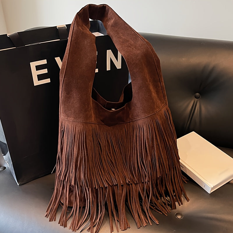 Sac Cabas Femme  Bordeaux à Franges avec Fermeture Éclair et Détails à Franges – Sac à Main Style Tote, Bandoulière Fixe, Sans Fermeture Supplémentaire – Couleurs : Café / Marron / Noir / Bleu Marine / Bordeaux