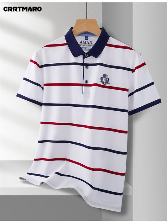 Men's Short Sleeve Shirt - Summer Striped Embroidered Logo, Vibrant Yellow & Navy, Breathable Regular Fit Casual Button-Up for Office & Leisure