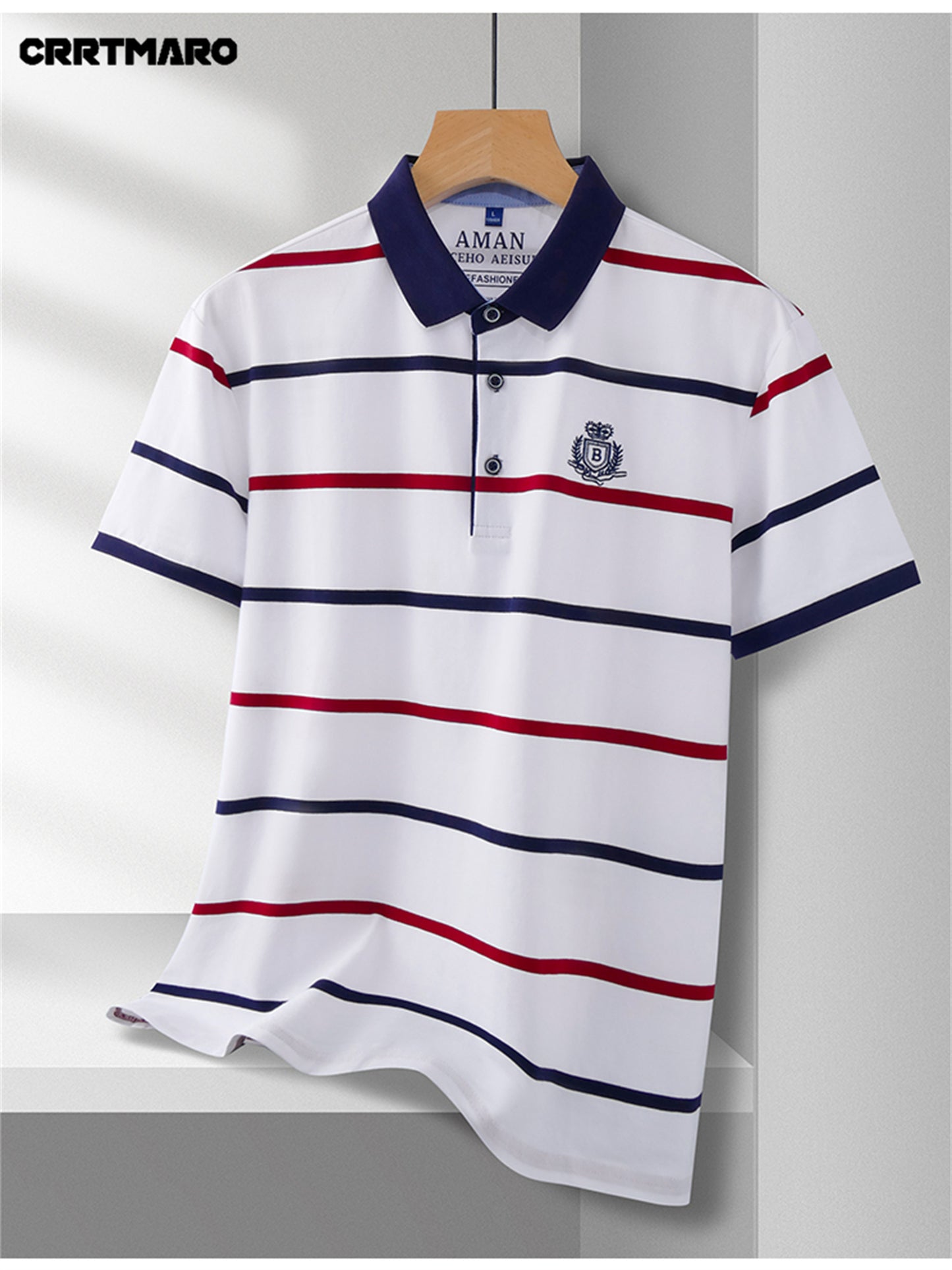 CRRTMARO Men's Short Sleeve Shirt - Summer Striped Embroidered Logo, Vibrant Yellow & Navy, Breathable Regular Fit Casual Button-Up for Office & Leisure