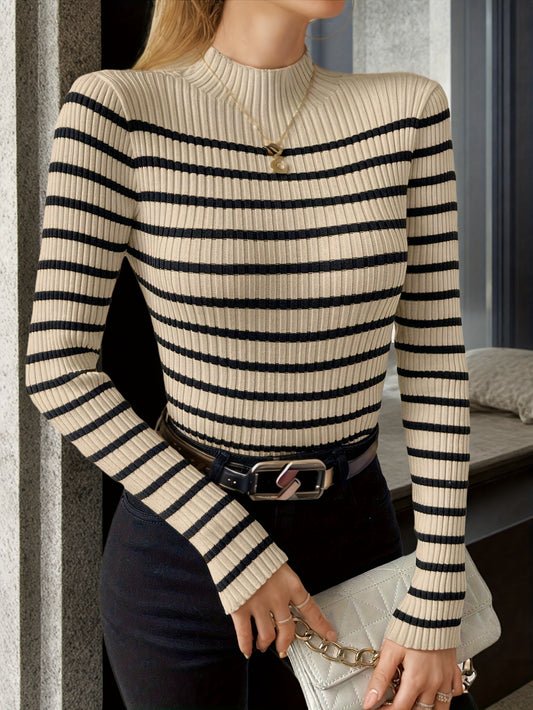 Pull élégant à col montant pour femmes – rayures horizontales noires et blanches, manches longues, coupe régulière, ourlet évasé, polyvalent pour tenue décontractée ou formelle, extensible.