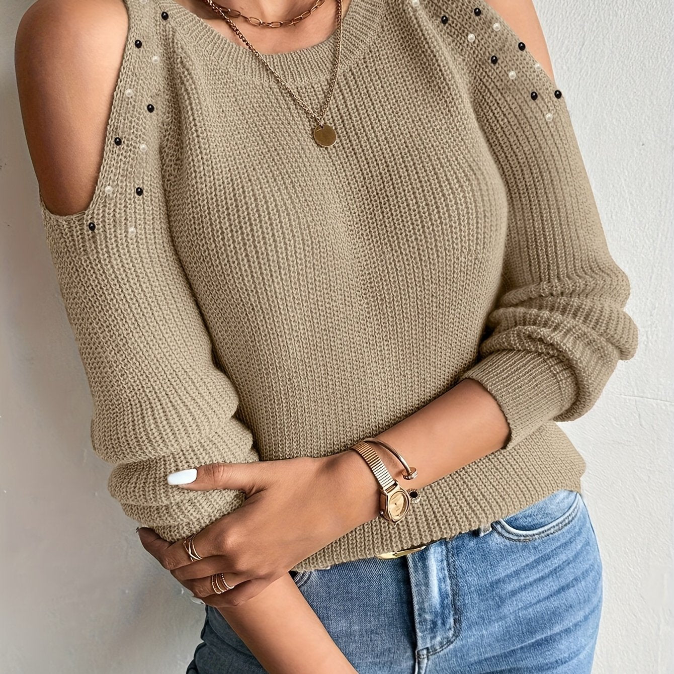 Pull élégant pour femmes, épaules dénudées, perlé, col rond, veste style gilet, beige, automne/hiver, lavable en machine