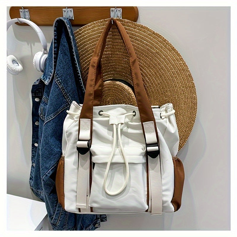 Sac Cabas Femme – Grande Capacité, Nylon, Couleurs Noir/Blanc/Marron Patchwork, Casual, Voyage, Shopping, Sacs pour Étudiantes