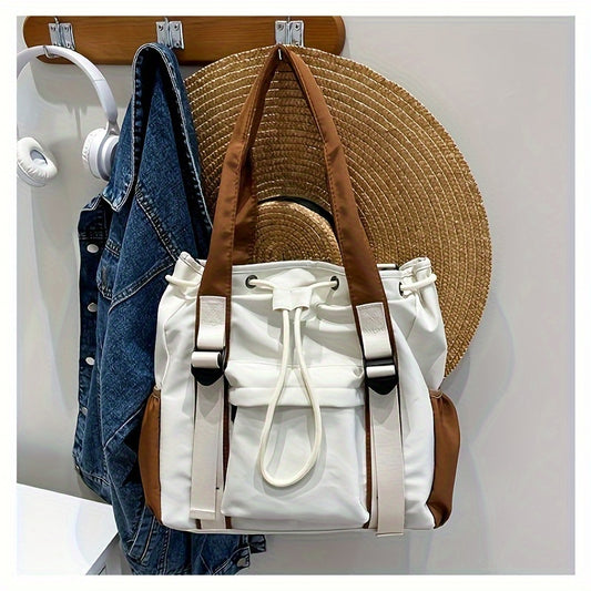 Sac Cabas Femme – Grande Capacité, Nylon, Couleurs Noir/Blanc/Marron Patchwork, Casual, Voyage, Shopping, Sacs pour Étudiantes