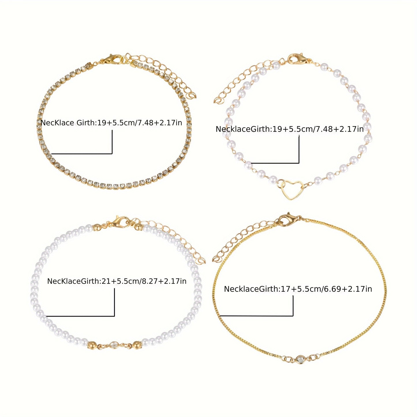 Lot de 4 bracelets femme – strass et charms cœur et perles, chaînes blanches et décorées, superposés, parfaits pour soirées plage, mariages, bal, ou usage quotidien toute l’année, cadeau idéal