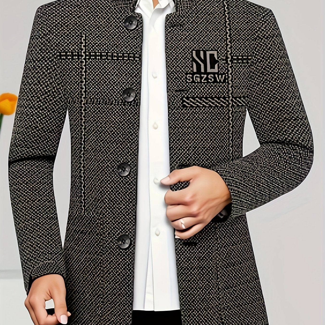 Men'S Stand Collar Business Casual Jacket | Non-Stretch Fabric, Alphabets Pattern, Long Sleeve, Single Breasted, Regular Fit for Spring/Fall