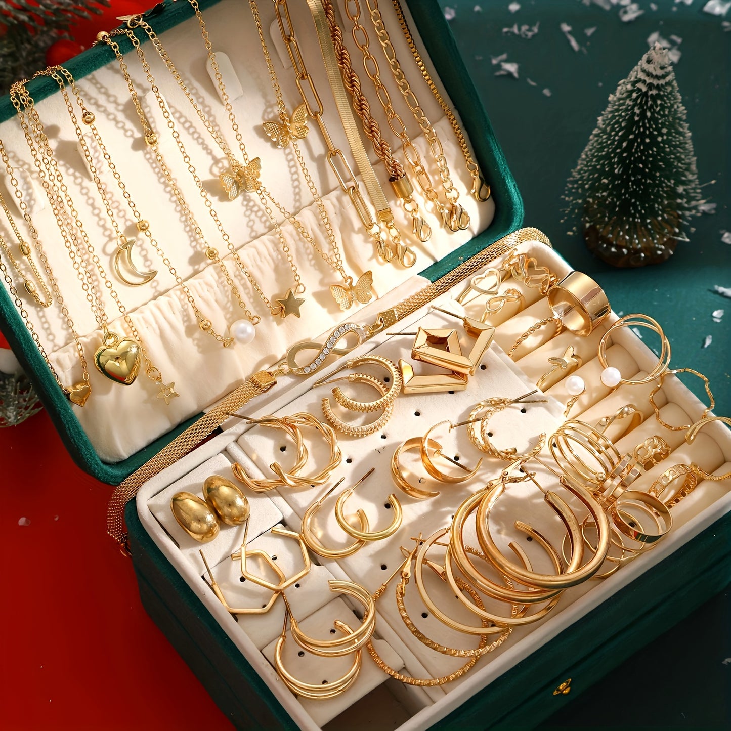 Ensemble de 58 pièces de bijoux femme, collier cœur et papillon, boucles d’oreilles, bracelet et bague avec zirconia synthétique et perles, thème Noël, élégant et polyvalent