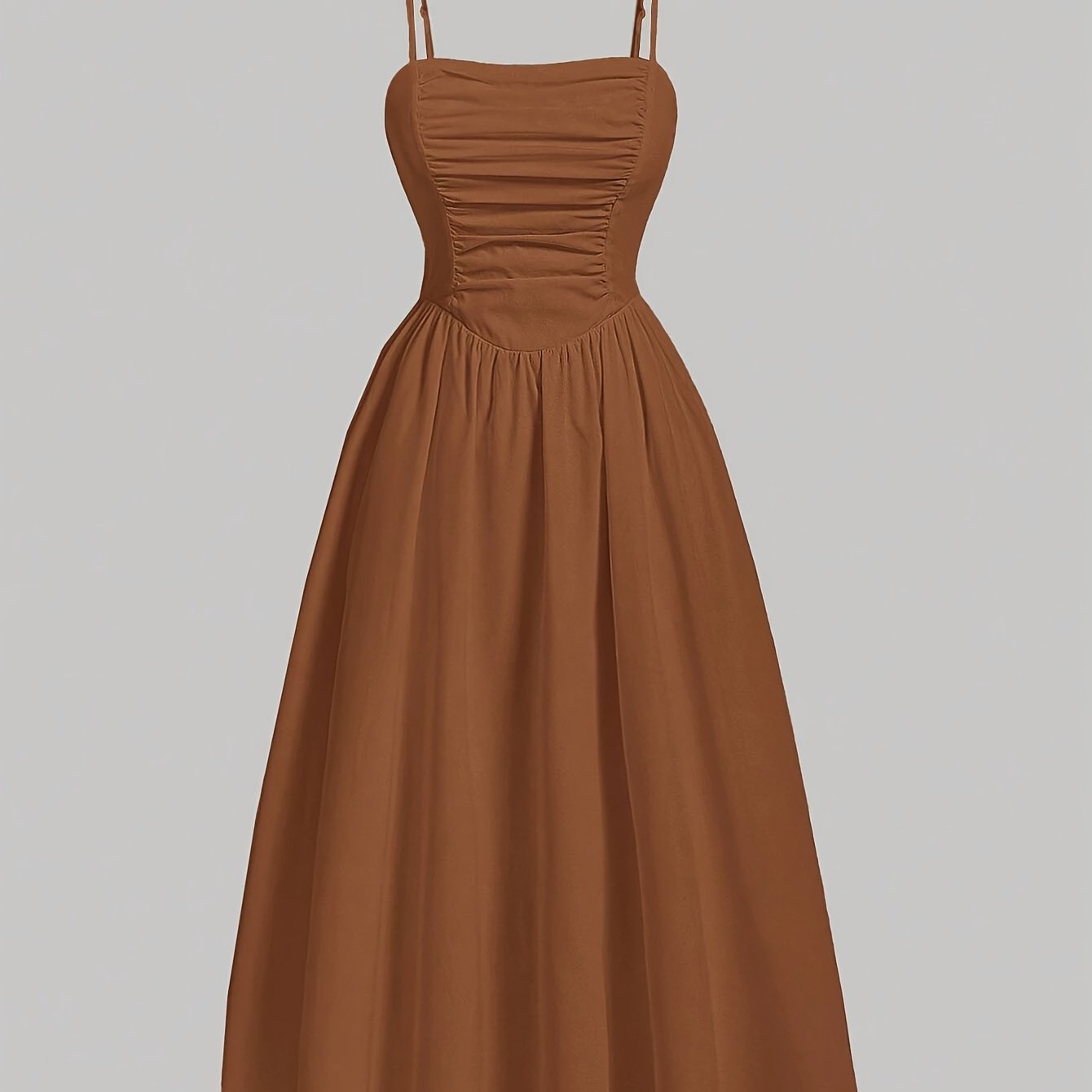 Robe Midi Femme Élégante – Coupe A-Line Marron, Bretelles Fines Ajustables, Taille Cintrée, Sans Manches, Épaules Dévoilées, Idéale Printemps/Été