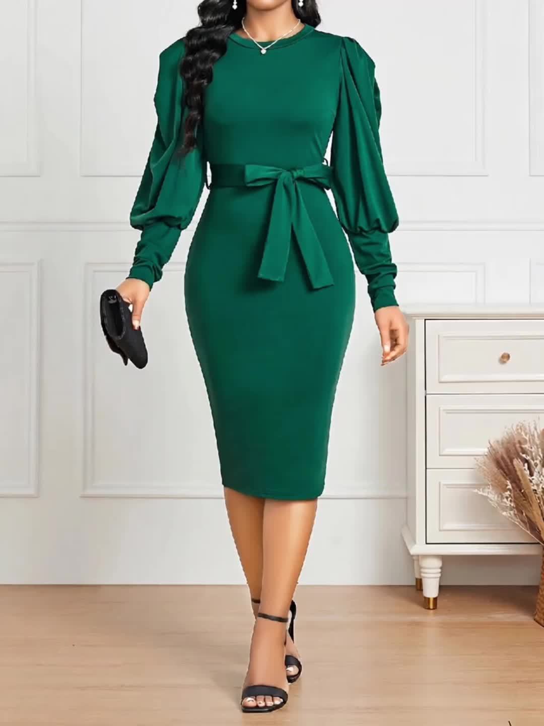 Belted Bodycon Crew Neck Dress, Elegant Long Sleeve Dress For Spring & Fall, Women's Clothing