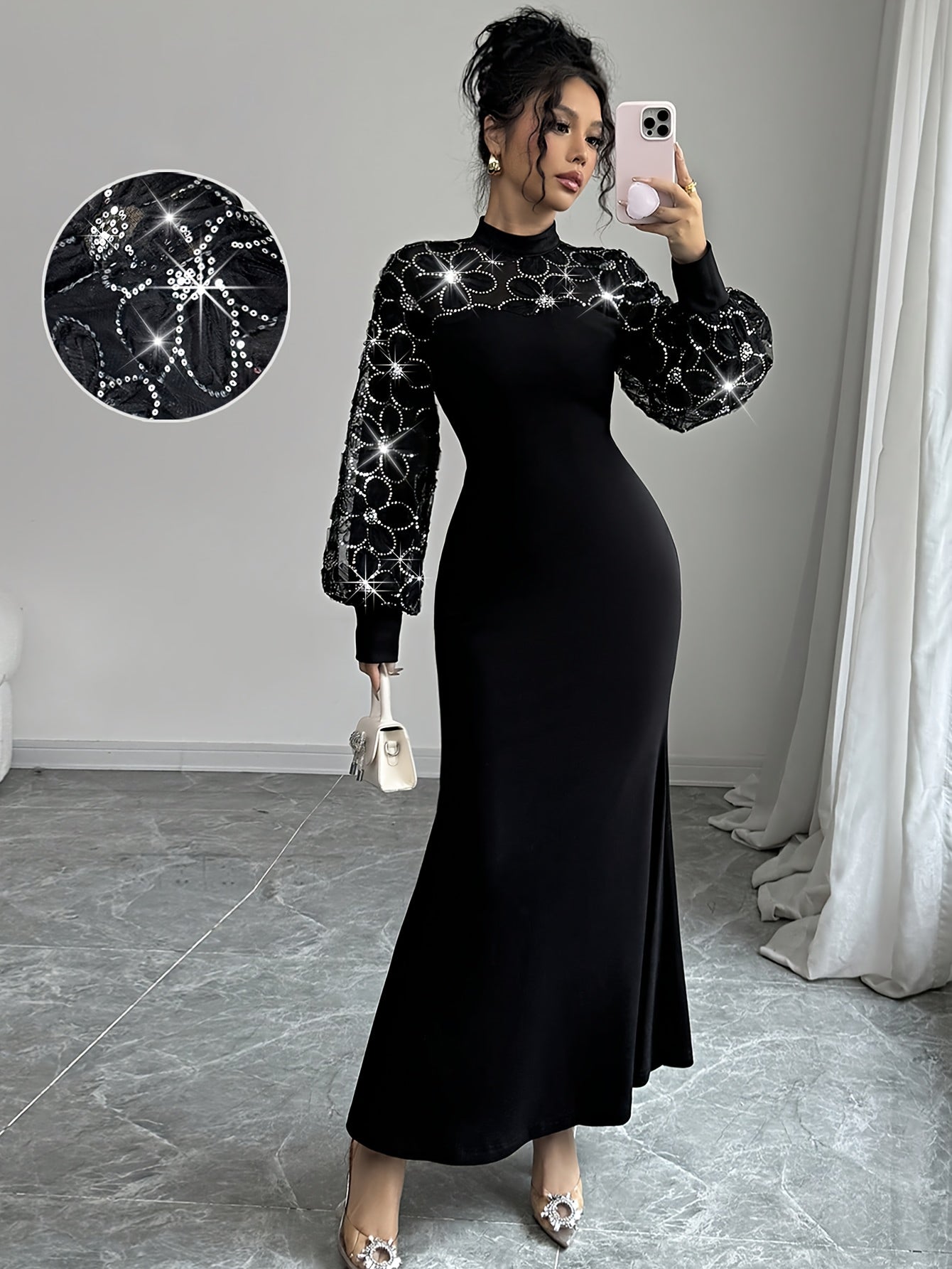 Robe Sirène Élégante Noire – Sequins, Superposition en Mesh Floral, Manches Longues, Taille Ajustée, Longueur Sol, Idéale Soirées et Événements Formels, Automne/Hiver