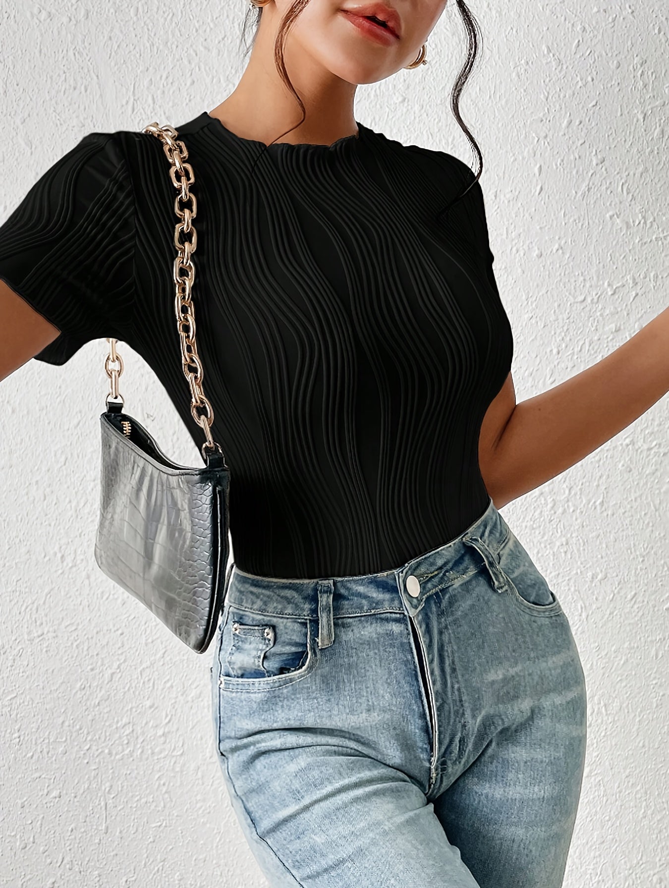 Body femme couleur unie, manches courtes, coupe slim, tissu texturé, style élégant et simple, pièce unique