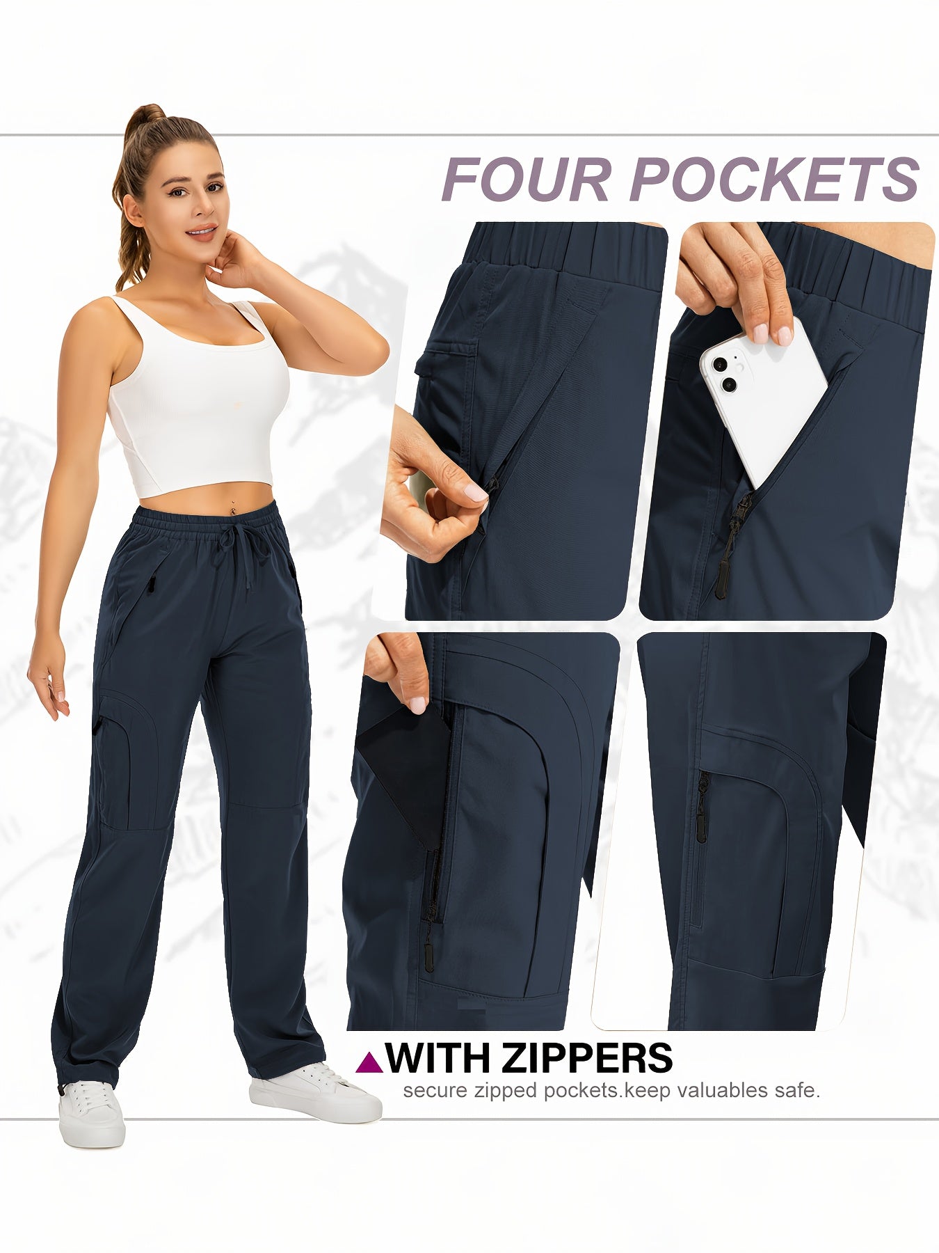 Lot de 2 Pantalons Cargo Femme – Poches Zippées, Tissu Respirant et Séchant Rapidement, Extensible, Automne, Noir et Blanc