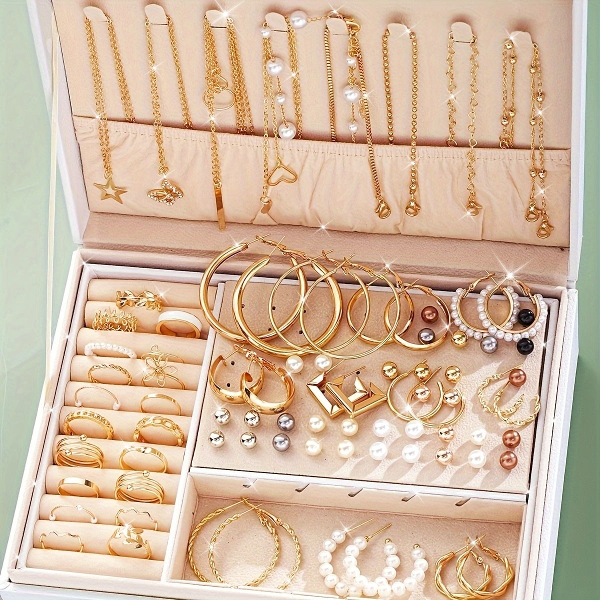Ensemble de bijoux femme 91 ou 114 pièces, boucles d’oreilles créoles minimalistes en métal, bagues à fleurs ajourées, strass, papillons, perles imitation, collier pendentif et bracelet perlé, style tendance et luxueux