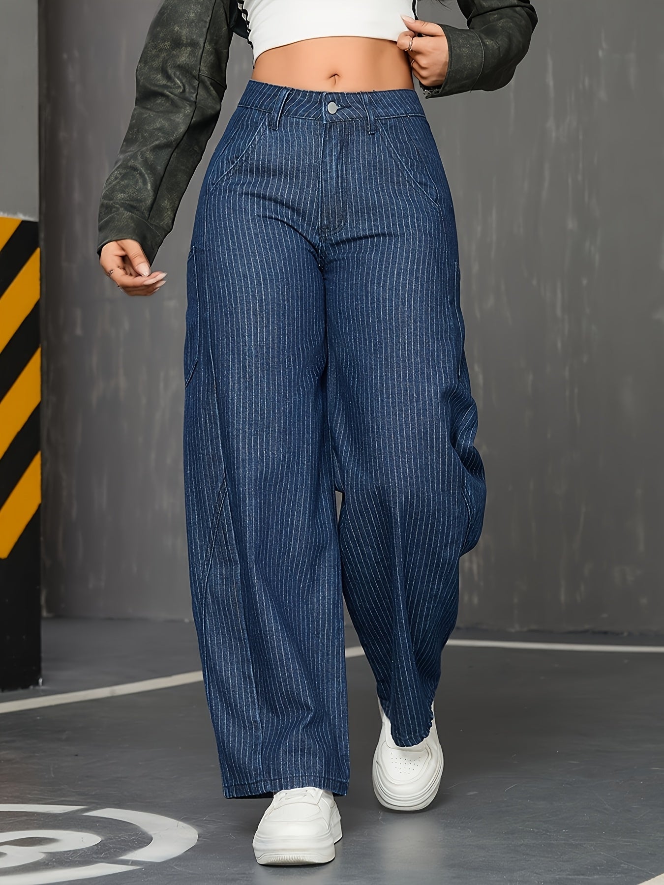 Jeans femmes taille haute, jambe large, coupe droite détendue, fermeture éclair, ceinture non incluse, denim non extensible, pantalon rayé vertical anti-froissement pour tenue casual et formelle