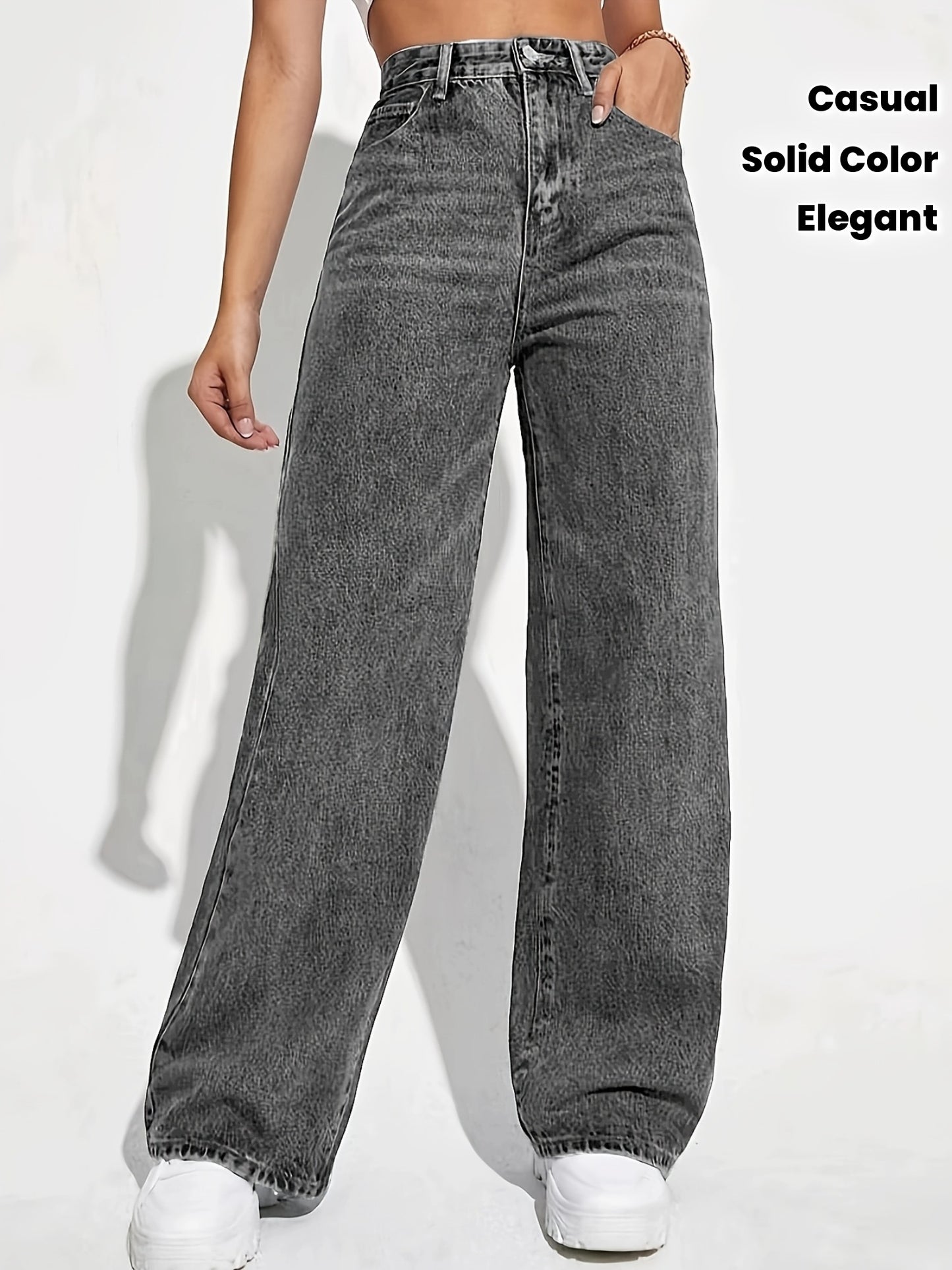 Jeans Femme Taille Haute Jambe Droite Élégant Denim Couleur Unie Zippé Extensible Toute Saison