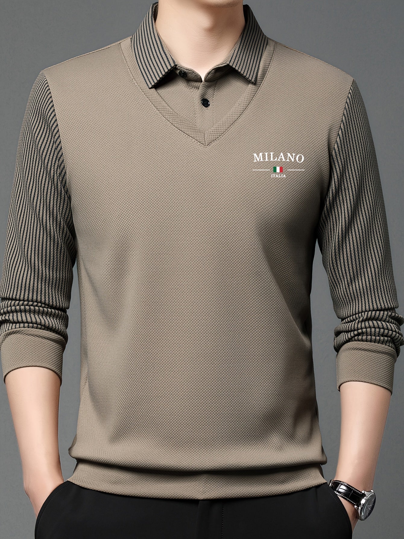 Men's All-Season Long Sleeve Shirt - Dark Green with White Contrast Collar &, Italian-Inspired Logo (Milano Italy Flag), Button-Front Placket, Casual to Smart-Casual Wear, Versatile for, Office & Everyday - Regular Fit