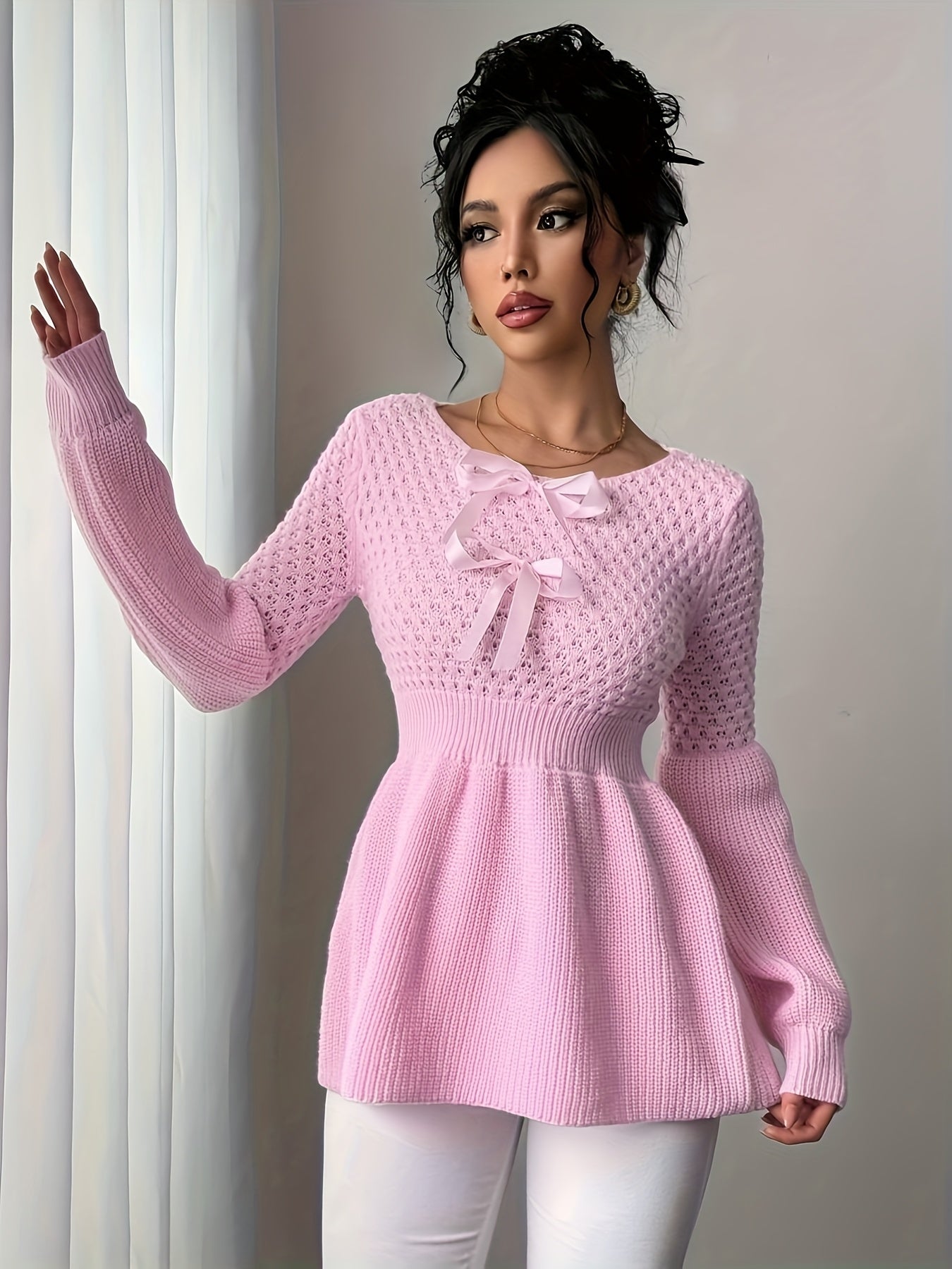 Pull élégant pour femmes – Bleu clair, manches longues, col rond, nœud décoratif, ourlet plissé, tissu stretch doux, automne/hiver, casual et formel