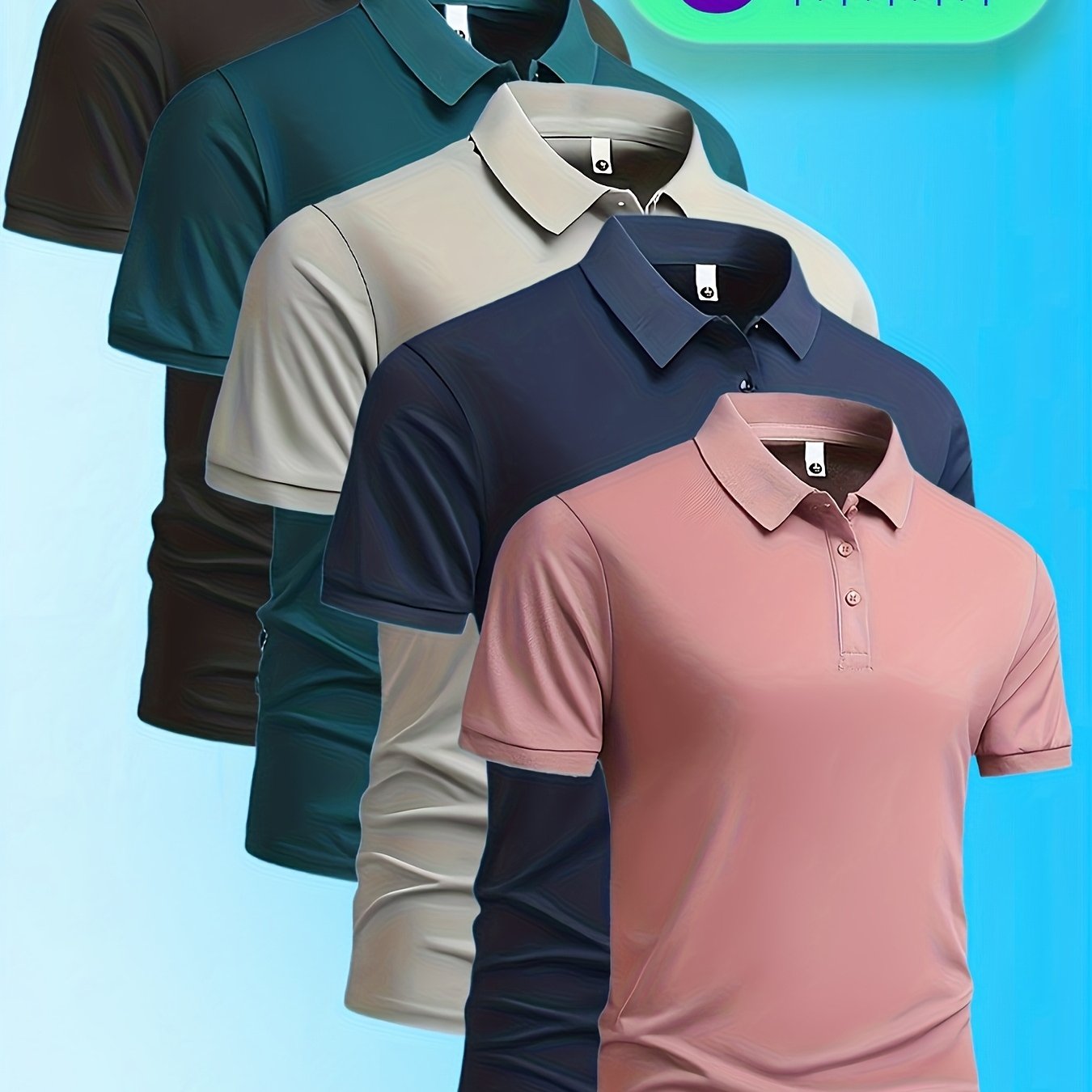 5pcs Men'S Polo Shirts - Elegant Solid Color, High-Quality Fabric, Short Sleeve, Button-Up Collar, Regular Fit, All-Season Wear for Business, Travel, Work, Dates, Home & Golf, Golf Attire | Stylish Polo Set | Durable Fabric